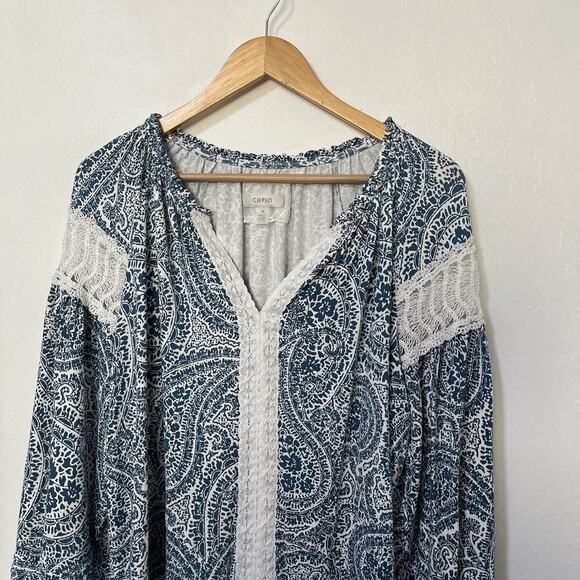 Cupio Womens Paisley Lace Trim Peasant Top Size 1X Blue Stretch Boho Cottage - Picture 4 of 9